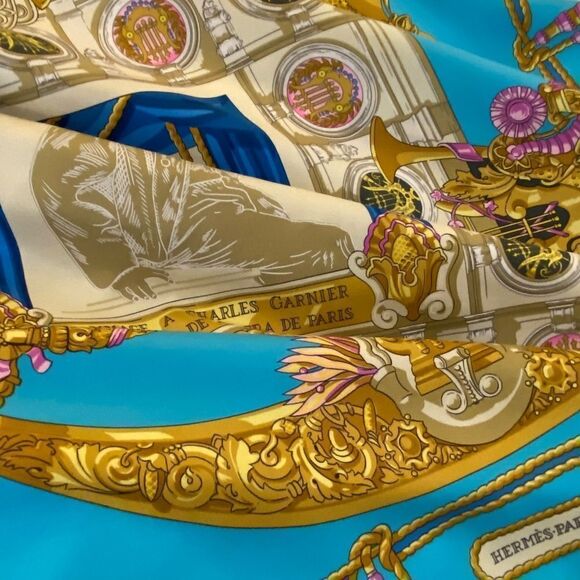 Vintage Hermes Paris Opera Garnier Baroque Silk Scarf, Turquoise Gold Lux 1483 - Picture 10 of 13